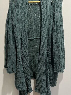 Woman Within Open-Front Cable & Lace Knit Cardigan in green